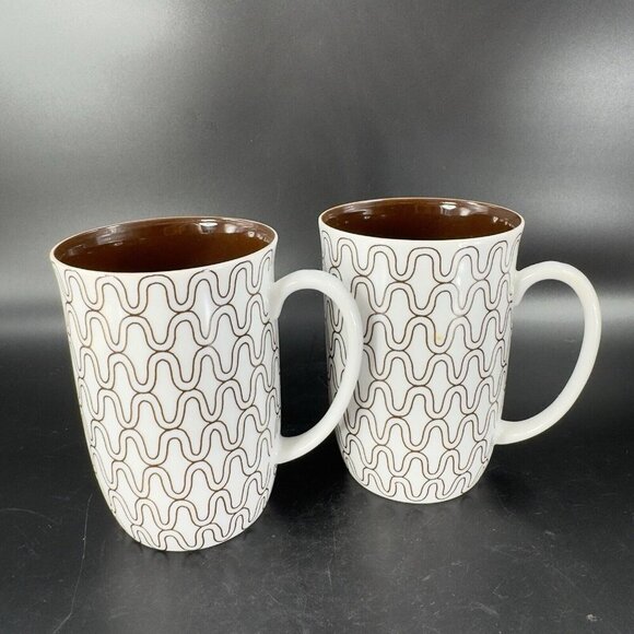 1970s FITZ & FLOYD FISHNET COFFEE MUG CUP BROWN WHITE HANDLED MUG SET 2 Pcs - Picture 10 of 13